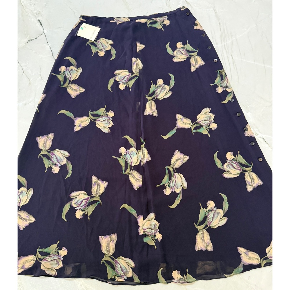 NWT Vintage Dana Buchman 100% Silk Maxi Skirt Womens 16 Navy Blue Floral Buttons